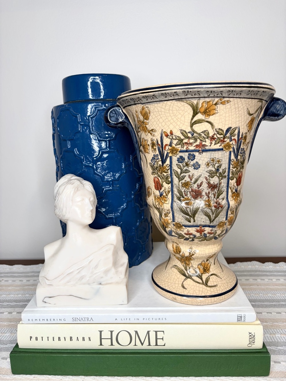 Vintage Decorative Floral Ceramic Urn Vase in Cream Crackle Glaze Finish